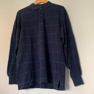 Nautica long sleeve polo, mens medium, navy blue with light blue stripes